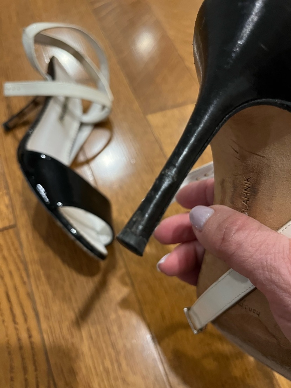 Manolo Blahnik Black Patent and White Strappy Sandals - Picture 3 of 7